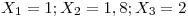 <tex>X_1=1; X_2=1,8; X_3=2</tex>