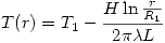 <tex>T(r)=T_1-\frac{H\ln{\frac{r}{R_1}}}{2\pi\lambda L}</tex>