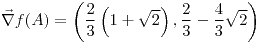 <tex>\vec\nabla f (A)=\left(\frac{2}{3}\left(1+\sqrt{2}\right),\frac{2}{3}-\frac{4}{3}\sqrt{2}\right)</tex> <tex>\vec\nabla f (A)=\left(\frac{2}{3}\left(1+\sqrt{2}\right),\frac{2}{3}-\frac{4}{3}\sqrt{2}\right)</tex>
