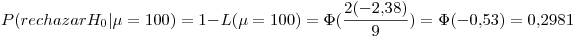 <tex>P(rechazar H_0|\mu=100)=1-L(\mu=100)=\Phi(\frac{2(-2.38)}{9})=\Phi(-0.53)=0.2981</tex>