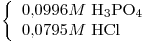 <tex>\left\{ \begin{array}{l} 0.0996M\mbox{ H}_3\mbox{PO}_4 \\0.0795M\mbox{ HCl} \end{array}\right.</tex>