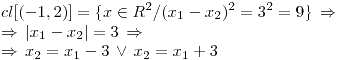 <tex>cl[(-1,2)]=\{ x \in R^2 / (x_1-x_2)^2=3^2=9 \} \, \Rightarrow \\\Rightarrow \, |x_1 - x_2| = 3 \, \Rightarrow \\\Rightarrow \, x_2 = x_1 - 3 \, \vee \, x_2 = x_1 + 3</tex>