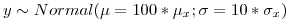 <tex>y \sim Normal(\mu = 100* \mu_x ; \sigma = 10*\sigma_x)</tex>