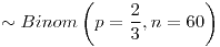 <tex>\sim Binom\left(p=\frac{2}{3},n=60\right)</tex>
