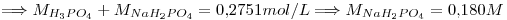 <tex>\Longrightarrow M_{H_3PO_4}+M_{NaH_2PO_4}=0.2751mol/L\Longrightarrow M_{NaH_2PO_4}=0.180M</tex>