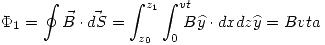 <tex>\Phi_1=\oint \vec{B}\cdot\vec{dS}=\int_{z_0}^{z_1} \int_0^{vt} \!\!\!\! B\widehat{y}\cdot dxdz\widehat{y}=Bvta</tex>
