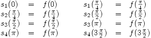 <tex>\begin{array}{lclclcl}s_1(0) & = & f(0) & \quad & s_1(\frac{\pi}{4}) & = & f(\frac{\pi}{4}) \\s_2(\frac{\pi}{4}) & = & f(\frac{\pi}{4}) & \quad & s_2(\frac{\pi}{2}) & = & f(\frac{\pi}{2}) \\s_3(\frac{\pi}{2}) & = & f(\frac{\pi}{2}) & \quad & s_3(\pi) & = & f(\pi) \\s_4(\pi) & = & f(\pi) & \quad & s_4(3\frac{\pi}{2}) & = & f(3\frac{\pi}{2}) \end{array}</tex>