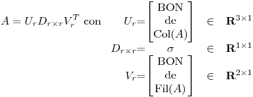 <tex>A=U_r D_{r\times r} V_r^T \mbox{ con } \begin{array}[t]{r@{=}ccl} U_r & \left[ \parbox{30pt}{\centering BON de Col($A$)} \right] &\in& \mathbf{R}^{3\times1}\\D_{r\times r} & \sigma &\in& \mathbf{R}^{1\times1}\\V_r & \left[ \parbox{30pt}{\centering BON de Fil($A$)} \right] &\in& \mathbf{R}^{2\times1}\end{array}</tex>