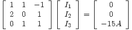 <tex> \left[ \begin{array}{ccc}1 & 1 & -1 \\ 2 & 0 & 1 \\ 0 & 1 & 1 \end{array} \right] \left[ \begin{array}{c}I_1 \\ I_2 \\ I_3 \end{array}\right] = \left[ \begin{array}{c} 0 \\ 0 \\ -15 A\end{array}\right] </tex>