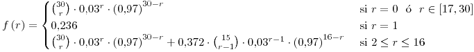 <tex>f\left(r\right)=\begin{cases}\binom{30}r\cdot0.03^r\cdot\left(0.97\right)^{30-r} & \text{ si }r=0\ \ \mathrm{\acute o}\ \ r\in\left[17,30\right] \\ 0.236 & \text{ si } r=1 \\ \binom{30}{r}\cdot 0.03^r\cdot\left(0.97\right)^{30-r}+0.372\cdot \binom{15}{r-1}\cdot 0.03^{r-1}\cdot\left(0.97\right)^{16-r} & \text{ si } 2\leq r\leq 16\end{cases}</tex>
