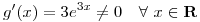<tex>g'(x)=3e^{3x} \neq 0 \quad \forall\ x \in \mathbf{R}</tex>