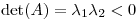 <tex>\mathrm{det}(A)=\lambda_1\lambda_2<0</tex>
