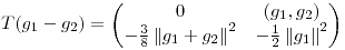 <tex>T(g_1 - g_2) = \begin{pmatrix} 0&(g_1, g_2)\\-\frac{3}{8}\left\|g_1+g_2\right\|^2 & -\frac{1}{2}\left\|g_1\right\|^2\end{pmatrix}</tex>