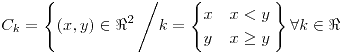 <tex>C_{k}=\left\{ \left(x,y\right)\in\Re^{2}\left/k=\begin{cases} x & x<y\\ y & x\geq y \end{cases}\right.\right\} \forall k\in\Re</tex>