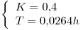 <tex>\left\{ \begin{array}{l} K=0.4 \\ T=0.0264h \end{array} \right.</tex>