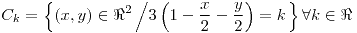 <tex>C_{k}=\left\{ \left(x,y\right)\in\Re^{2}\left/3\left(1-\frac{x}{2}-\frac{y}{2}\right)=k\right.\right\} \forall k\in\Re</tex>