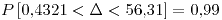 <tex>P\left[0.4321<\Delta<56.31\right]=0.99</tex>