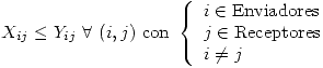<tex>X_{ij} \leq Y_{ij} \ \forall \ (i,j) \mbox{ con } \left\{ \begin{array} {lll}i \in \mbox{Enviadores}\\j \in \mbox{Receptores}\\i \not= j\end{array} \right.</tex>