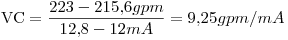 <tex>\mbox{VC}=\frac{223-215.6gpm}{12.8-12mA}=9.25gpm/mA</tex>