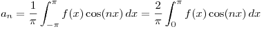 <tex>a_{n} = \frac{1}{\pi}\int_{- \pi}^{\pi} f(x) \cos (n x) \,dx = \frac{2}{\pi}\int_{0}^{\pi} f(x) \cos (n x) \,dx</tex>