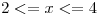 <tex>2 <= x <= 4</tex>