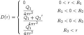<tex> D(r)=\left\{\begin{array}{lcc}0 & \quad & 0<r<R_1 \\\displaystyle\frac{{Q_1}}{4\pi r^2} & \quad & R_1<0<R_2 \\\displaystyle\frac{{Q_1}+{Q_2}'}{4\pi r^2} & \quad & R_2<0<R_3 \\\displaystyle\frac{{Q_1}}{4\pi r^2} & \quad & R_3<r\end{array}\right. </tex>
