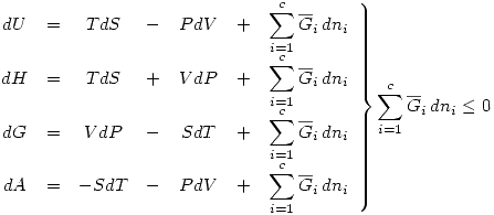 <tex>\left. \begin{array}{ccccccc}dU & = & TdS & - & PdV & + & \displaystyle \sum_{i=1}^c \overline{G}_i\,dn_i \\dH & = & TdS & + & VdP & + & \displaystyle \sum_{i=1}^c \overline{G}_i\,dn_i \\dG & = & VdP & - & SdT & + & \displaystyle \sum_{i=1}^c \overline{G}_i\,dn_i \\dA & = & -SdT & - & PdV & + & \displaystyle \sum_{i=1}^c \overline{G}_i\,dn_i \end{array} \right\} \sum_{i=1}^c \overline{G}_i\,dn_i \leq 0</tex>
