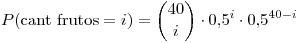 <tex>P(\mbox{cant frutos} = i) = {40 \choose i} \cdot 0.5^i \cdot 0.5^{40 - i} </tex>