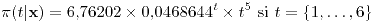 <tex>\pi(t|\mathbf{x})=6.76202\times0.0468644^{t}\times t^{5}\mbox{ si }t=\{1,\ldots,6\}</tex>