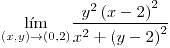 <tex>\underset{\left(x,y\right)\to\left(0,2\right)}{\lim}\frac{y^{2}\left(x-2\right)^{2}}{x^{2}+\left(y-2\right)^{2}}</tex>
