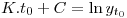 <tex> K. t_{0} + C = \ln y_{t_{0}}</tex>