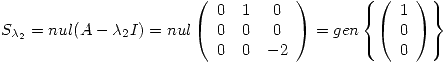 <tex>S_{\lambda_2} = nul(A-\lambda_2 I) = nul \left( \begin{array}{ccc} 0 & 1 & 0 \\ 0 & 0 & 0 \\ 0 & 0 & -2 \end{array} \right) = gen \left\{ \left( \begin{array}{c} 1 \\ 0 \\ 0 \end{array} \right) \right\} </tex>