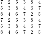 <tex>\begin{array}{c c c c c c c c c}7 & 2 & 5 & 3 & 8 & 4 \\5 & 3 & 8 & 4 & 6 & 7 \\8 & 4 & 6 & 7 & 2 & 5 \\7 & 2 & 5 & 3 & 8 & 4 \\5 & 3 & 8 & 4 & 6 & 7 \\8 & 4 & 6 & 7 & 2 & 5 \\\end{array}</tex>