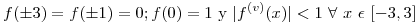 <tex>f(\pm 3) = f( \pm 1) = 0 ; f(0) = 1 \ \mbox{y} \ |f^{(v)}(x)| < 1 \ \forall \ x \ \epsilon \ [-3,3]</tex>