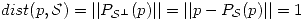 <tex> dist(p,\mathcal{S}) = ||P_{\mathcal{S}^\perp}(p)|| = ||p - P_\mathcal{S}(p)|| = 1</tex>