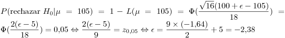 <tex>P(\mbox{rechazar }H_0|\mu=105)=1-L(\mu=105)=\Phi(\frac{\sqrt{16}(100+\epsilon-105)}{18})=\Phi(\frac{2(\epsilon-5)}{18})=0.05 \Leftrightarrow \frac{2(\epsilon-5)}{9}=z_{0.05} \Leftrightarrow \epsilon=\frac{9\times(-1.64)}{2}+5=-2.38</tex>
