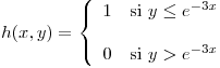 <tex>h(x,y) = \left\{ \begin{array}{ll} 1 & \mbox{si } y\leq e^{-3x} \\ & \\0 & \mbox{si } y > e^{-3x} \end{array} \right.</tex>