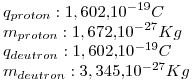 <tex> q_{proton} :1,602.10^{ - 19} C \\  m_{proton} :1,672.10^{ - 27} Kg \\  q_{deutron} :1,602.10^{ - 19} C \\  m_{deutron} :3,345.10^{ - 27} Kg \\ </tex>
