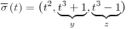 <tex>\overline{\sigma}\left(t\right)=\bigl(t^{2},\underbrace{t^{3}+1}_{y},\underbrace{t^{3}-1}_{z}\bigr)</tex>