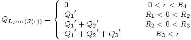 <tex> Q_{L,enc(S(r))}=\left\{\begin{array}{lcc}0 & \quad & 0<r<R_1 \\{Q_1}' & \quad & R_1<0<R_2 \\{Q_1}'+{Q_2}' & \quad & R_2<0<R_3 \\{Q_1}'+{Q_2}'+{Q_3}' & \quad & R_3<r\end{array}\right. </tex>