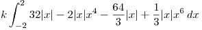 <tex> k\int_{-2}^{2} 32|x| -2|x|x^4 - \frac{64}{3}|x| + \frac{1}{3}|x|x^6 \, dx </tex>
