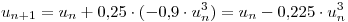 <tex>u_{n+1}=u_n+0.25 \cdot (-0.9 \cdot u_n^3)=u_n-0.225\cdot u_n^3</tex>