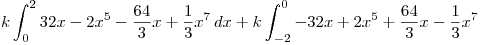 <tex> k \int_{0}^{2} 32x -2x^5 - \frac{64}{3} x + \frac{1}{3} x^7 \, dx +  k \int_{-2}^{0} -32x + 2x^5 + \frac{64}{3} x - \frac{1}{3} x^7 </tex>