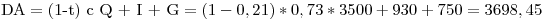 <tex>\mbox{DA}=\mbox{(1-t) c Q + I + G}=(1-0,21)*0,73*3500+930+750=3698,45</tex>