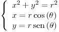 <tex>\left\{ \begin{array}{l} x^{2}+y^{2}=r^{2}\\ x=r\cos\left(\theta\right)\\ y=r\sen\left(\theta\right) \end{array}\right.</tex>