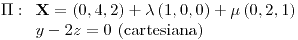 <tex>\Pi:\begin{array}[t]{l} \mathbf{X}=\left(0,4,2\right)+\lambda\left(1,0,0\right)+\mu\left(0,2,1\right)\\ y-2z=0\text{ (cartesiana)} \end{array}</tex>