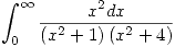 <tex>\int_0^{\infty} \frac{x^2 dx}{ \left( x^2+1 \right) \left(x^2+4 \right) }</tex>