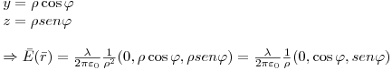 <tex> \begin{array}{l} y = \rho \cos \varphi  \\  z = \rho sen\varphi  \\ \\  \Rightarrow \bar E(\bar r) = \frac{\lambda }{{2\pi \varepsilon _0 }}\frac{1}{{\rho ^2 }}(0,\rho \cos \varphi ,\rho sen\varphi ) = \frac{\lambda }{{2\pi \varepsilon _0 }}\frac{1}{{\rho ^{} }}(0,\cos \varphi ,sen\varphi ) \\  \end{array} \\</tex>