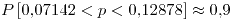 <tex>P\left[0.07142<p<0.12878\right]\approx0.9</tex>