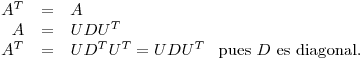 <tex>\begin{array}[b]{rcl} A^T & = & A\\ A & = & UDU^T\\ A^T & = & UD^TU^T = UDU^T \end{array} \mbox{ pues } D \mbox{ es diagonal.}</tex>